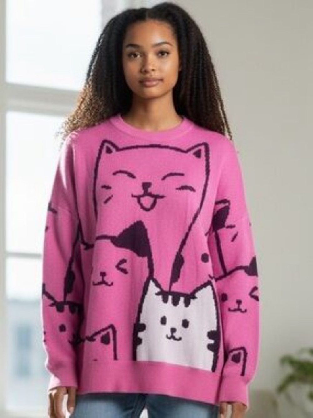 Forever 21 Pink Cat Pattern Sweater XL